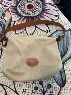 Vintage Dooney & Bourke Beige Canvas Shoulder Bag with Brown Leather Trim